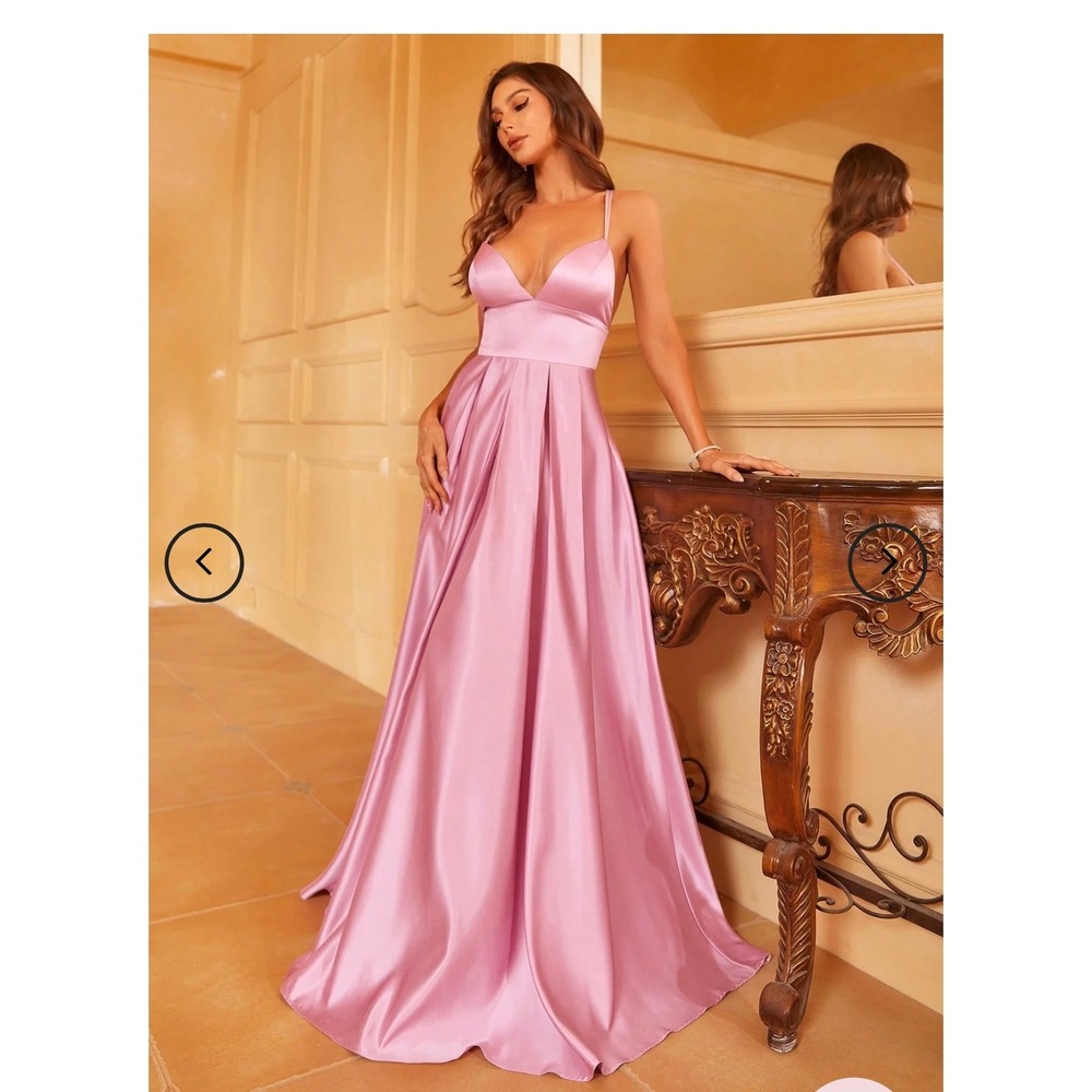 Satin Formal Ball Gown Pink Spaghetti Strap Cross Back Maxi Dress Sz M‎